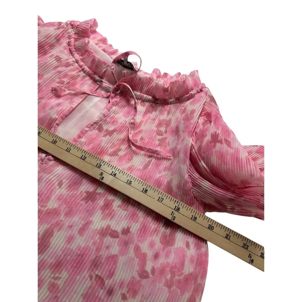 GANNI Pleated Pink Floral Blouse Balloon Sleeve Size 36 Romantic Scandi Style - Picture 7 of 11